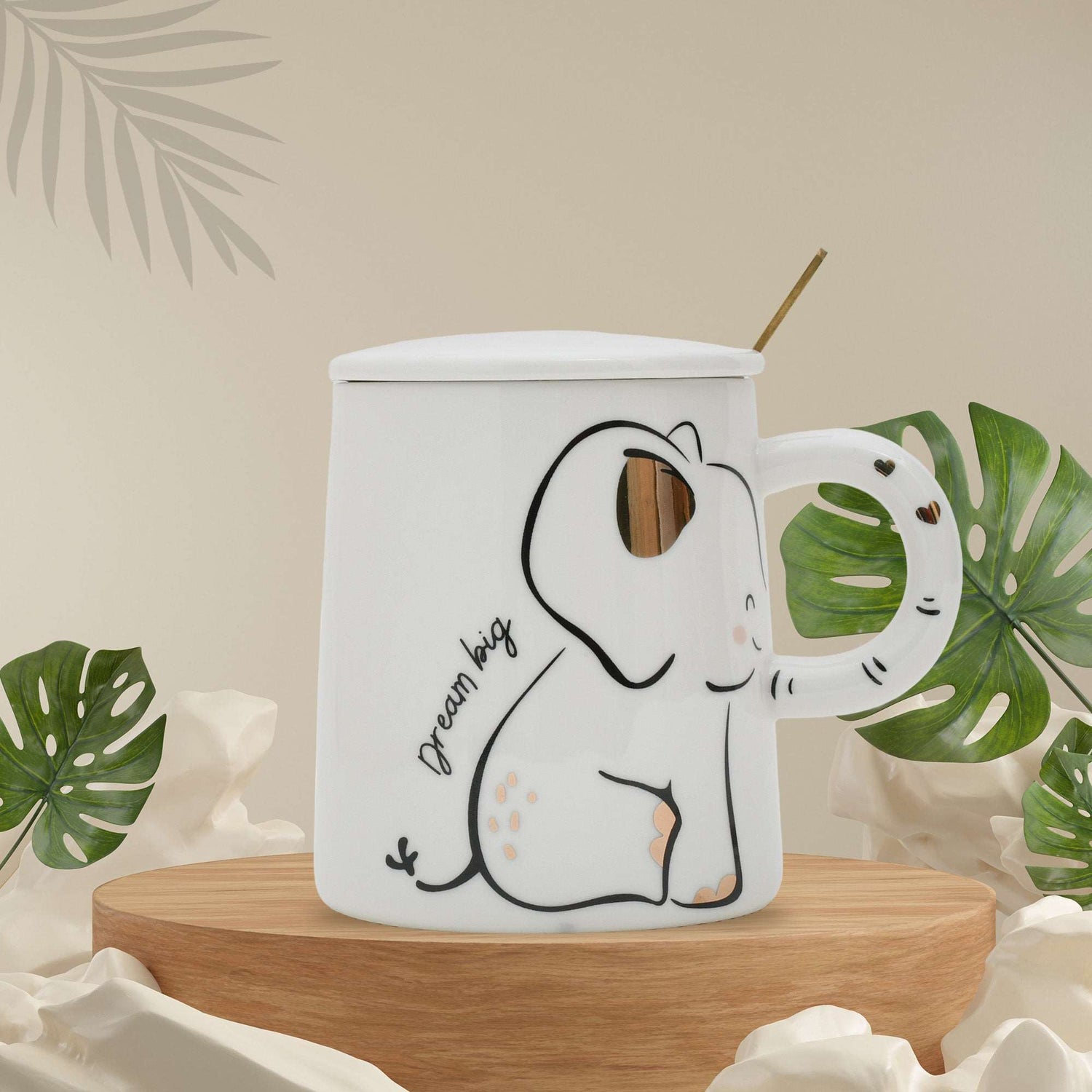 Adorable Elephant Printed Ceramic Mug with Lid - White Mumuso