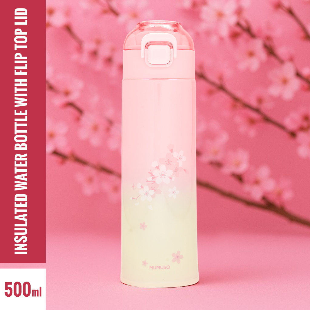 Cherry Blossom Insulated Water Bottle with Flip Top Lid- Pink/500ml