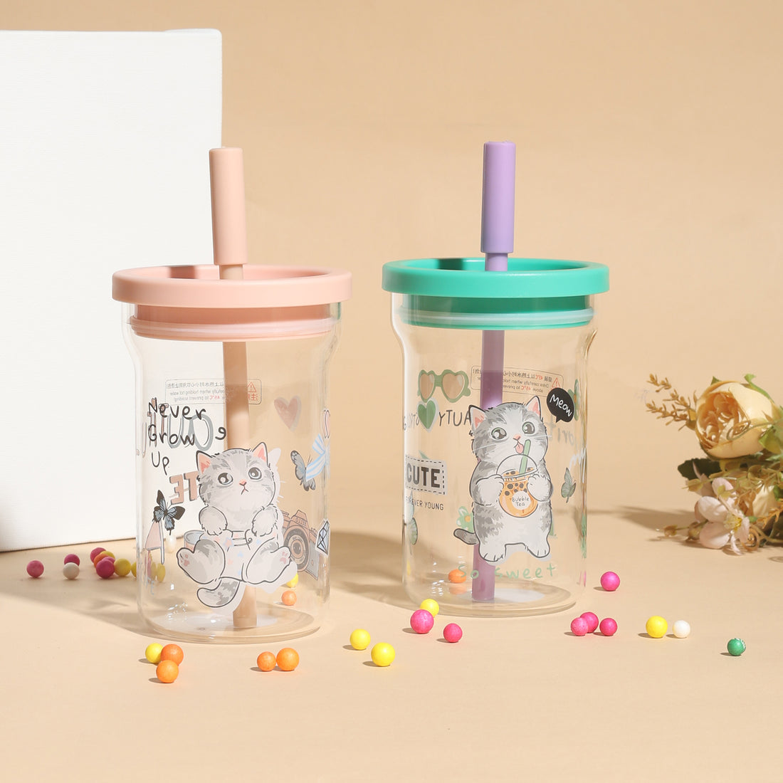 Cute Cartoon Cat Glass Tumbler with Straw- 700ml