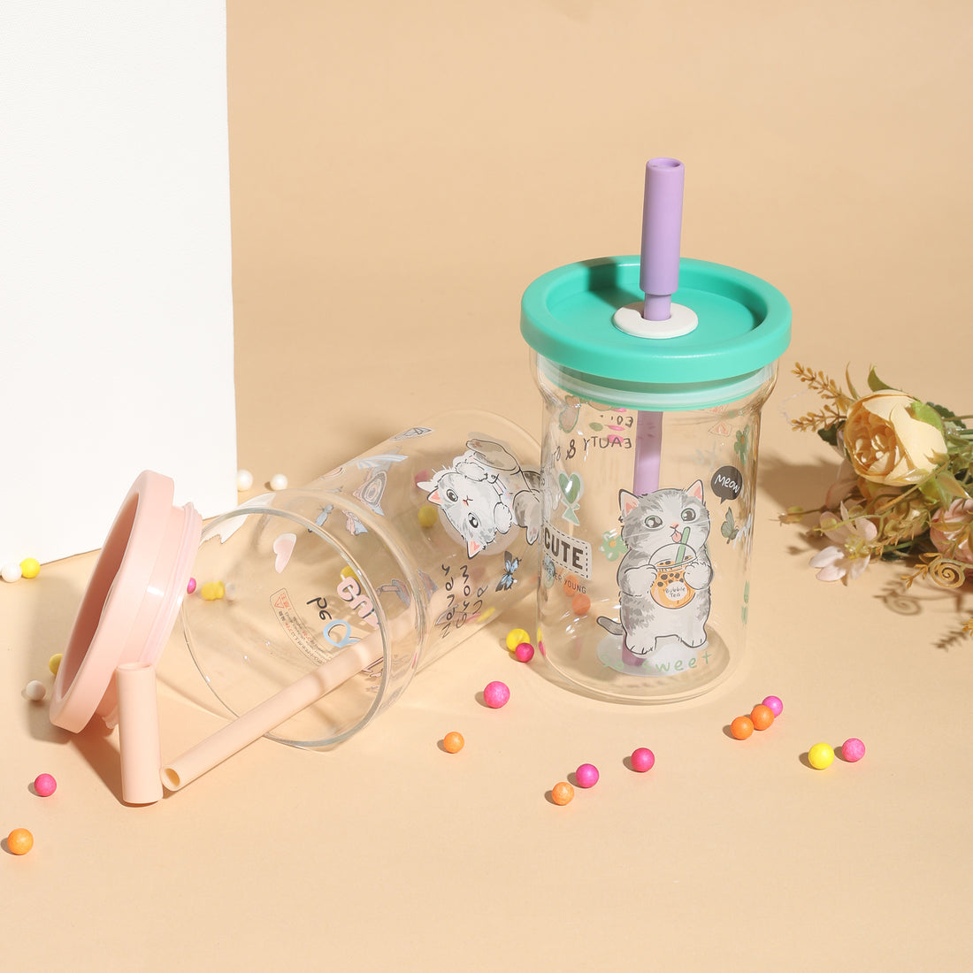 Cute Cartoon Cat Glass Tumbler with Straw- 700ml