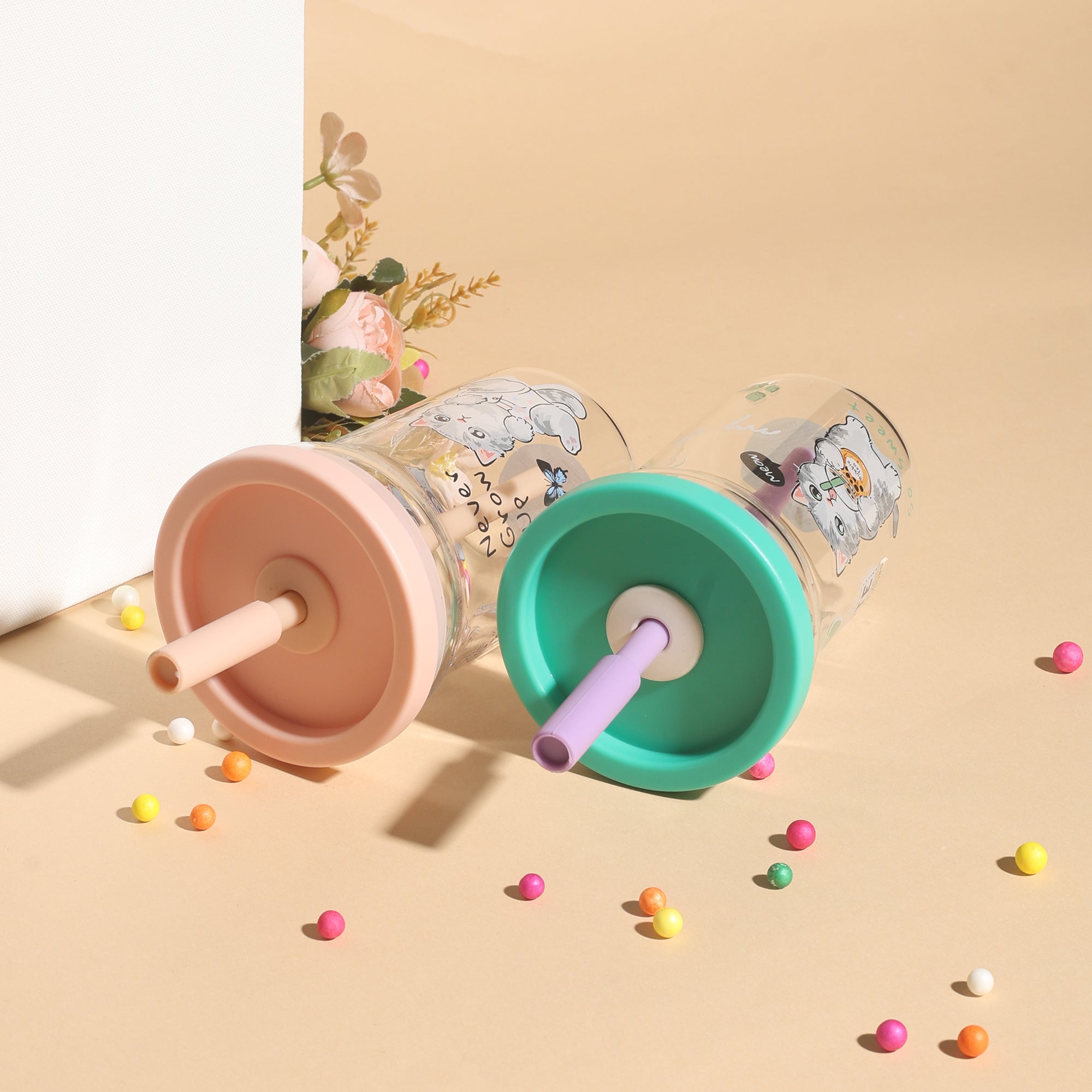 Cute Cartoon Cat Glass Tumbler with Straw- 700ml