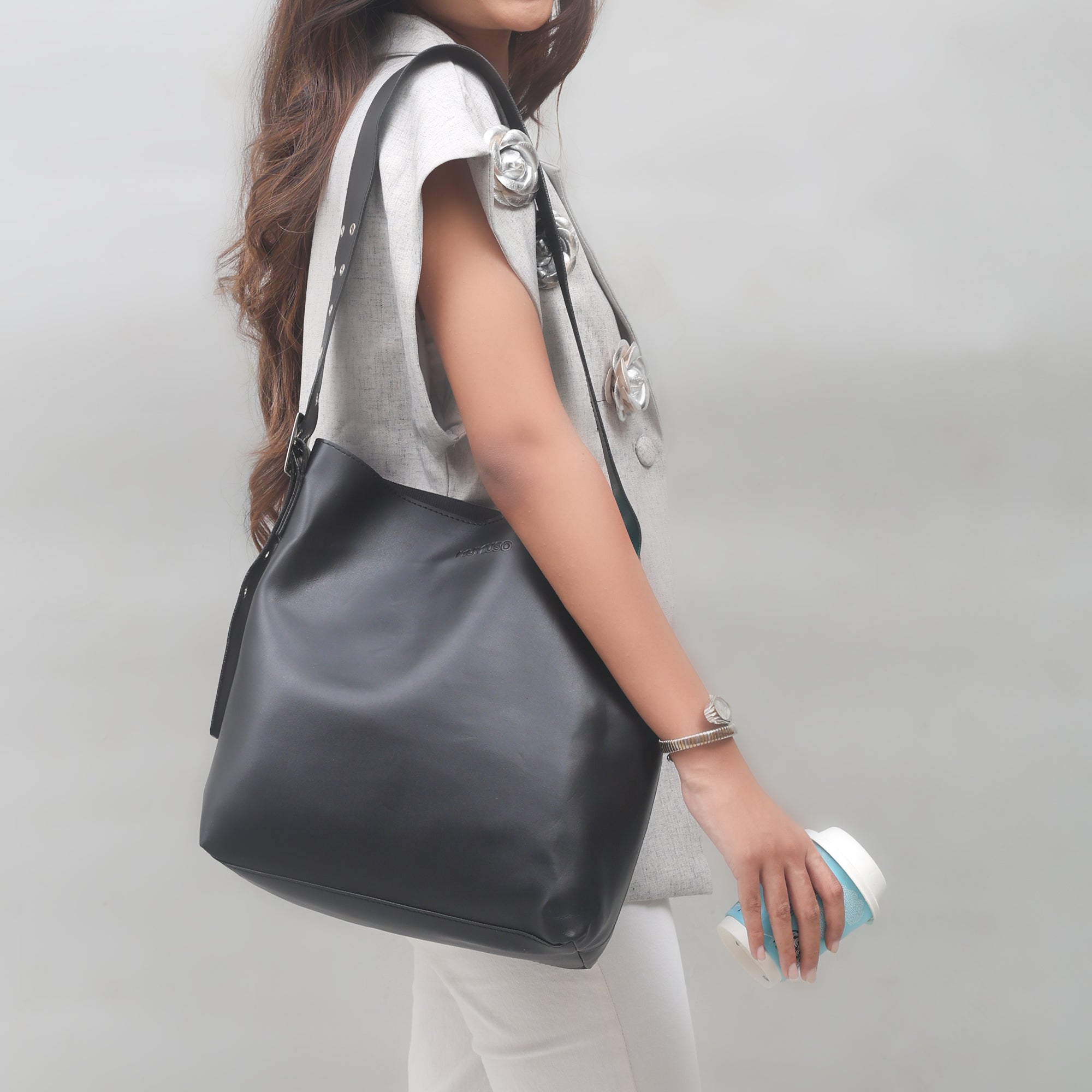 Wide Strap Tote Bag- Black