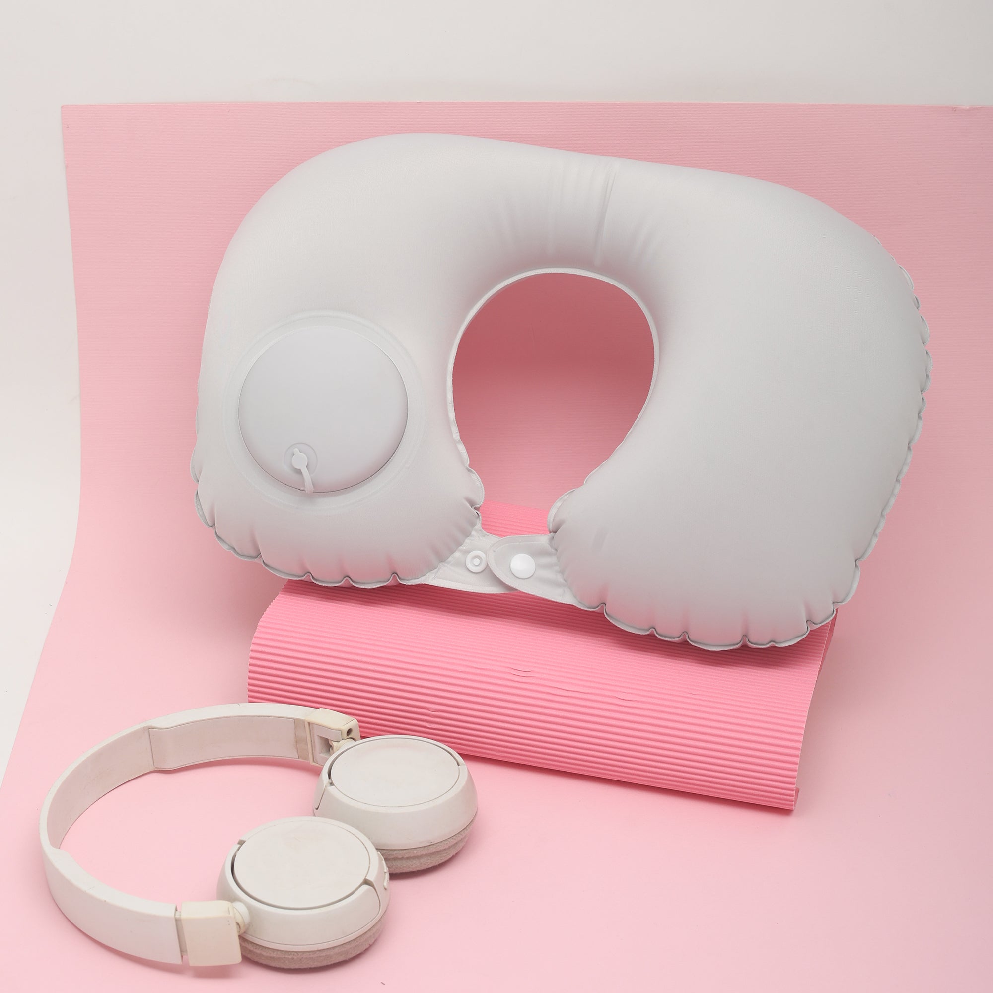Inflatable Cooling Travel Neck Pillow- Pink and Grey