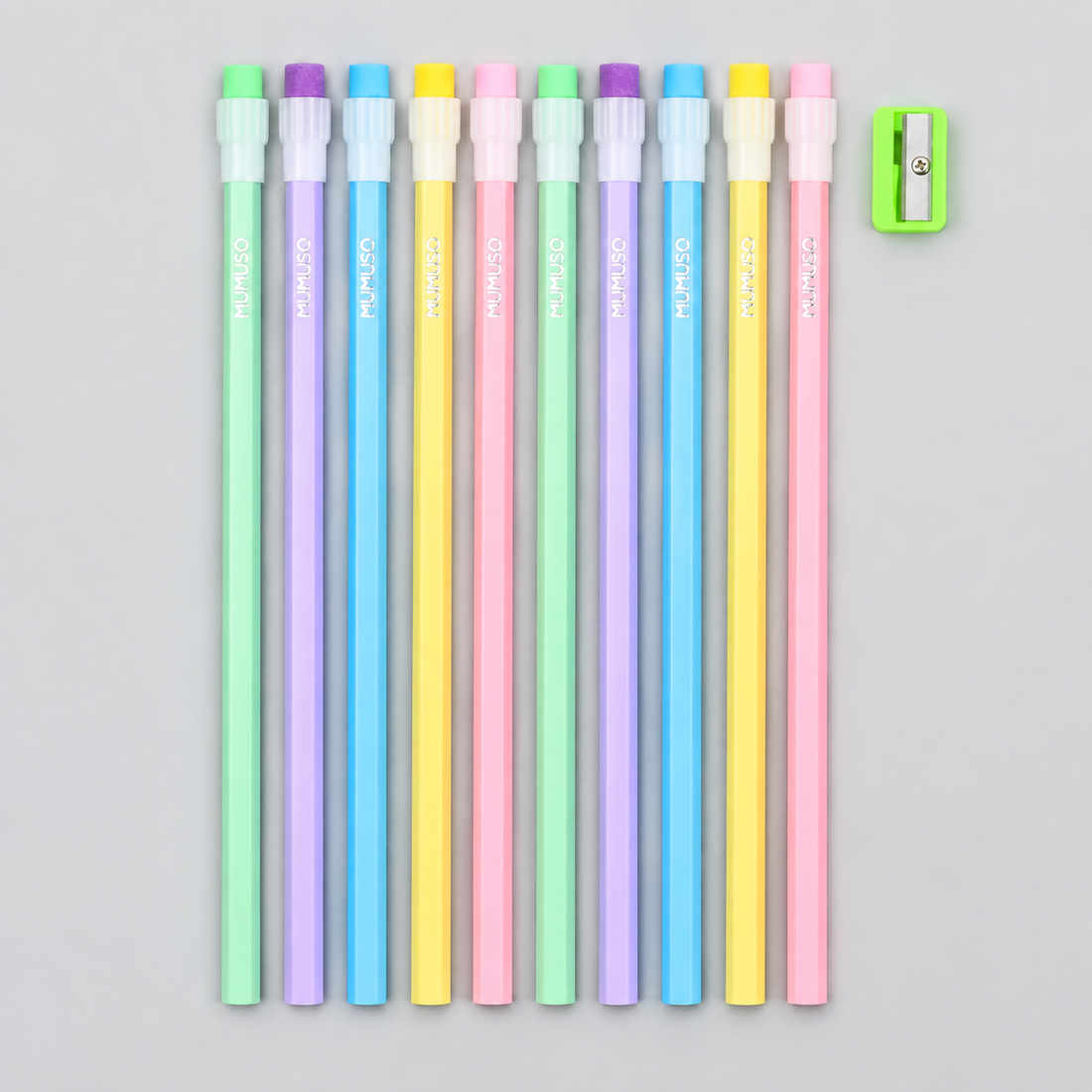 Multicoloured HB Pencil &amp; Green Sharpener Set - Pack of 10