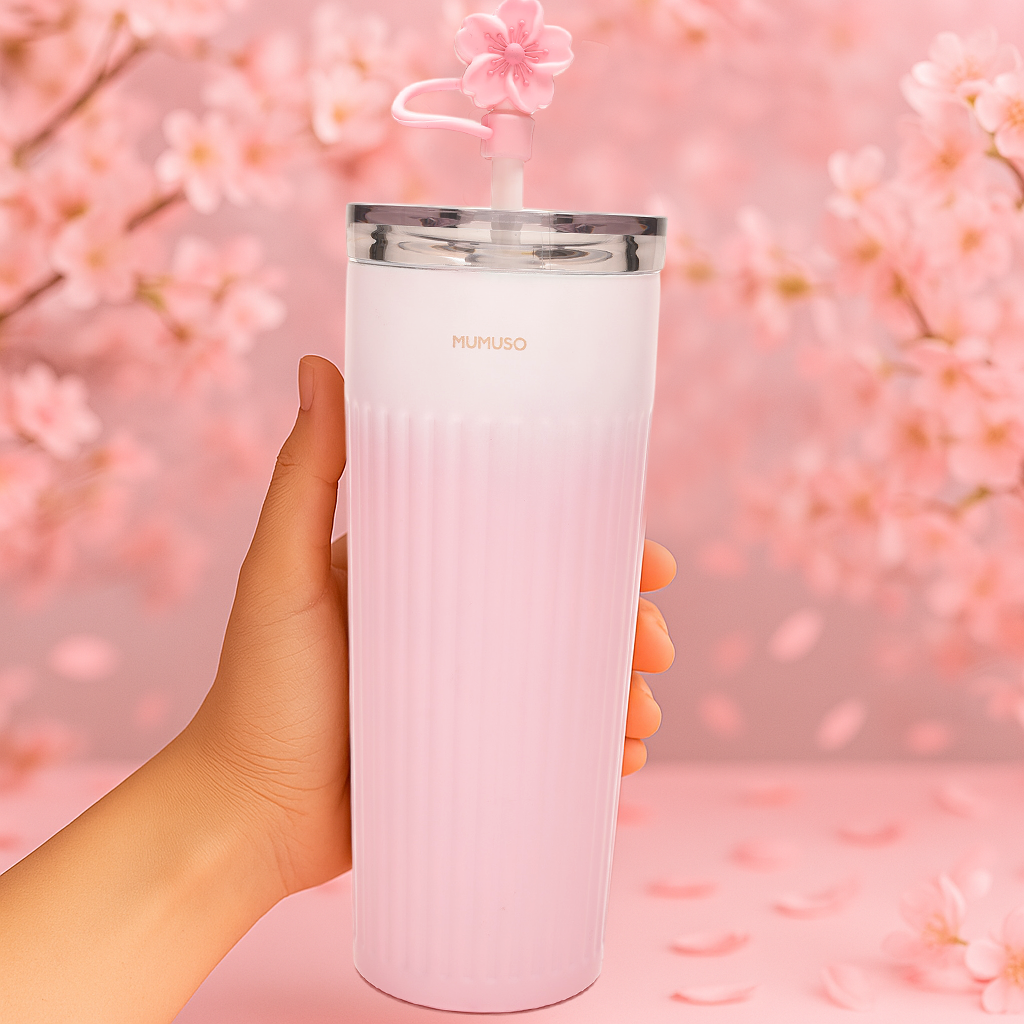 Cherry Blossom Collection Ribbed Insulated Tumbler with Straw - Pink/500 ml