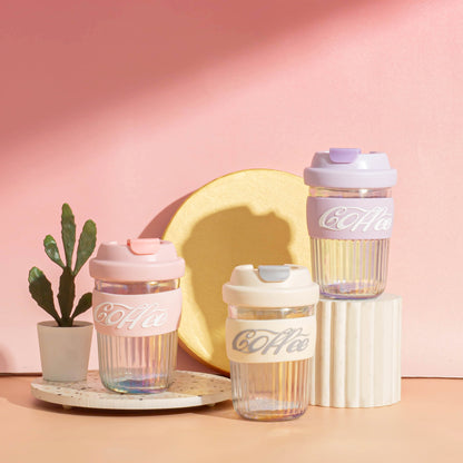 Dazzling Glass Coffee Tumbler with Lid and Sleeves-400ml