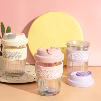 Dazzling Glass Coffee Tumbler with Lid and Sleeves-400ml