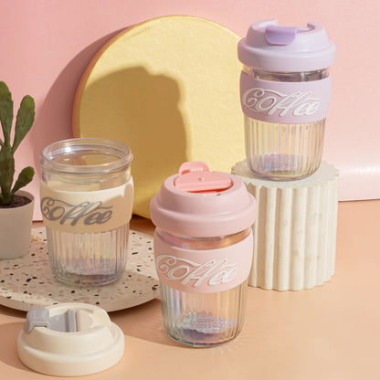 Dazzling Glass Coffee Tumbler with Lid and Sleeves-400ml