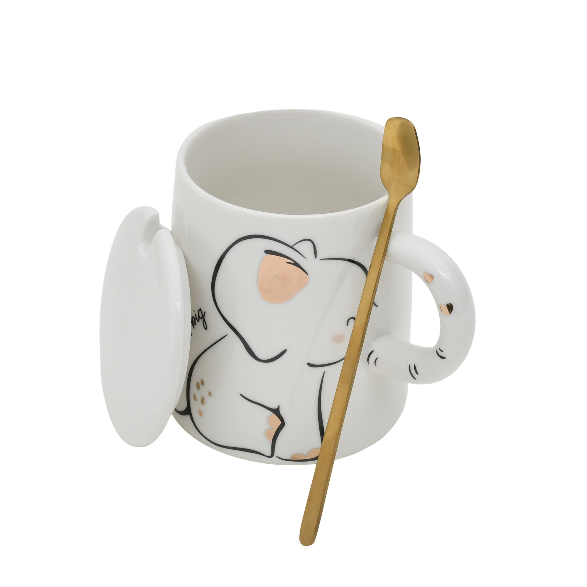 Adorable Elephant Printed Ceramic Mug with Lid - White Mumuso