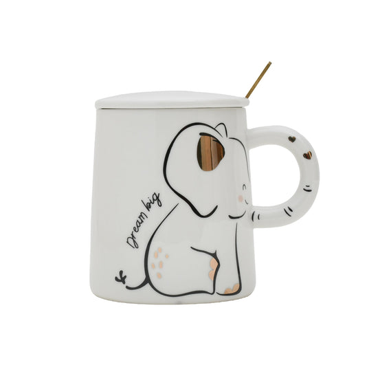 Adorable Elephant Printed Ceramic Mug with Lid - White Mumuso