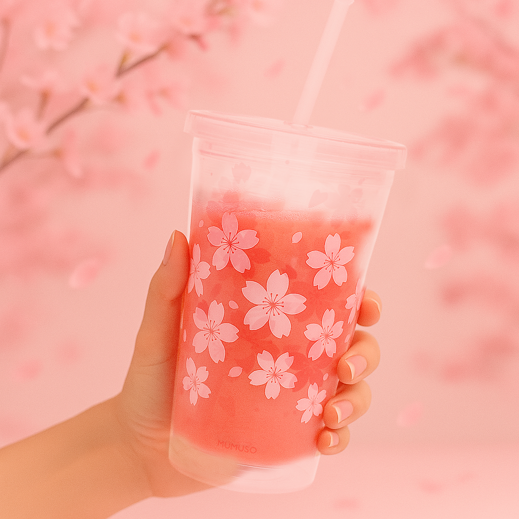 Cherry Blossom Plastic Tumbler with Straw- Pink/450ml