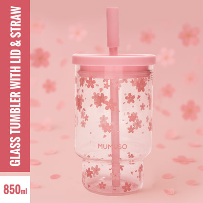 Cherry Blossom Glass Tumbler with Lid &amp; Straw- Pink/850 ml