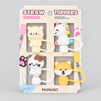 Adorable Animal-Shaped Straw Toppers (Pack of 4) /Assorted