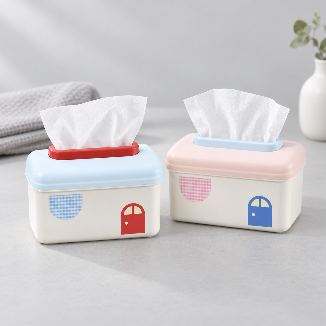 Macaron Series Little House Tissue Box with Wall Mount Sticker-  Pink &amp; Blue