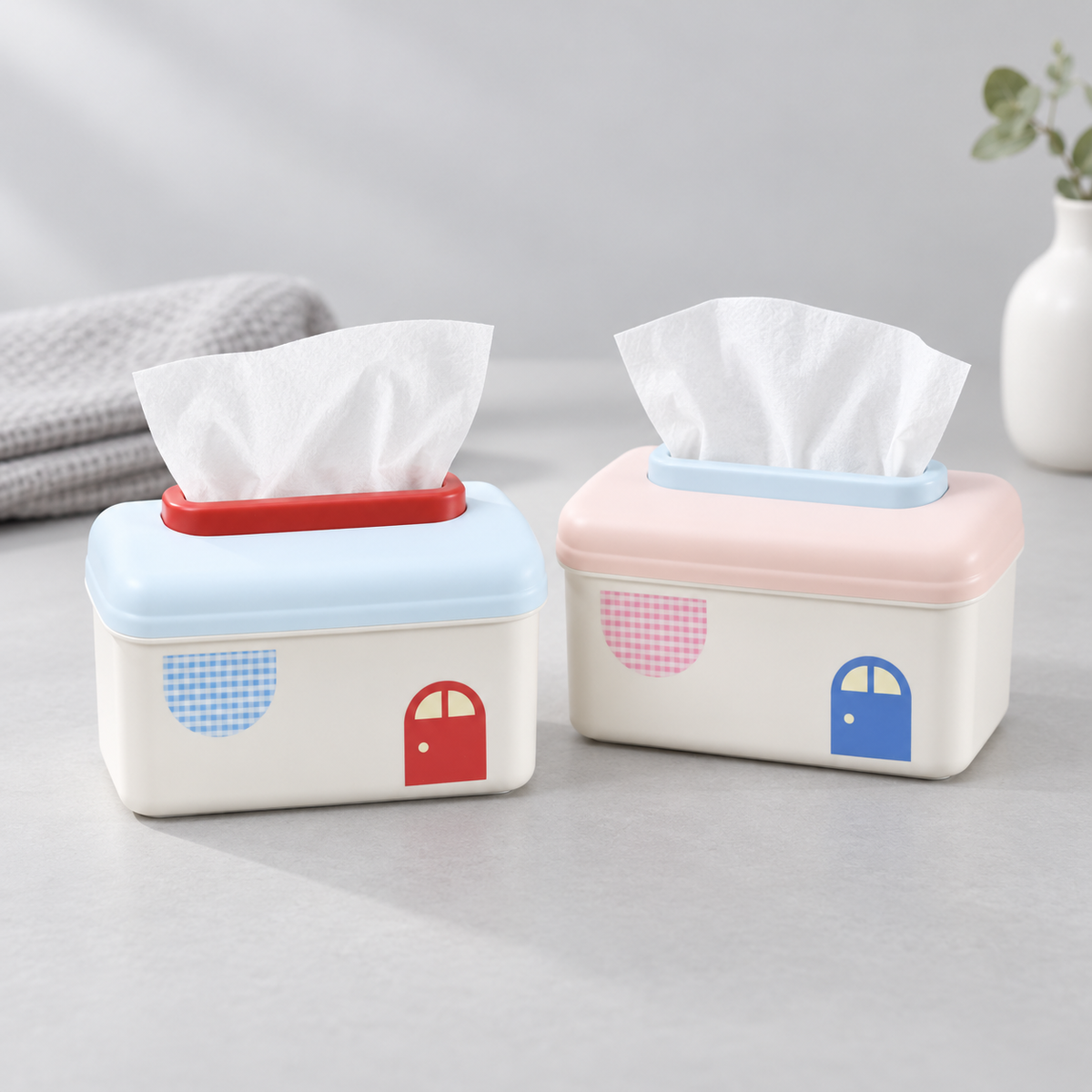 Macaron Series Little House Tissue Box with Wall Mount Sticker-  Pink &amp; Blue