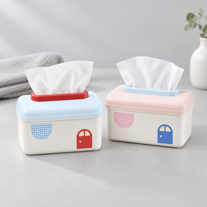 Macaron Series Little House Tissue Box with Wall Mount Sticker-  Pink &amp; Blue