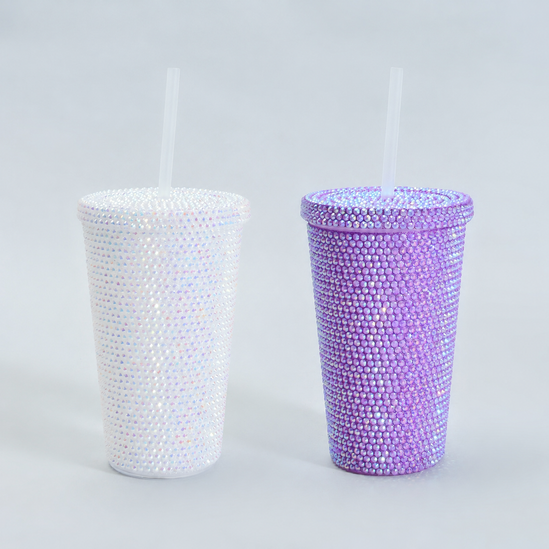Dazzling Diamonds Plastic Tumbler with Straw — Purple/White- 500ml