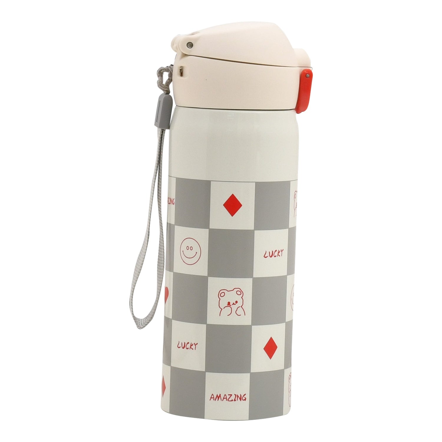 Chequered Insulated Water Bottle With Flip-Top Lid (480 Ml) - White Mumuso
