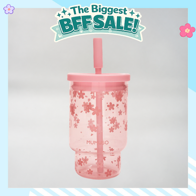 Cherry Blossom Glass Tumbler with Lid &amp; Straw- Pink/850 ml