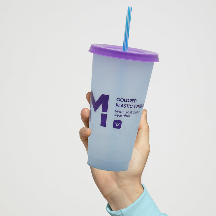Colourful Plastic Tumbler with Lid and Straw - 700 ml Mumuso