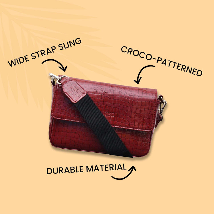 Croco Structured Sling Bag - Maroon Mumuso
