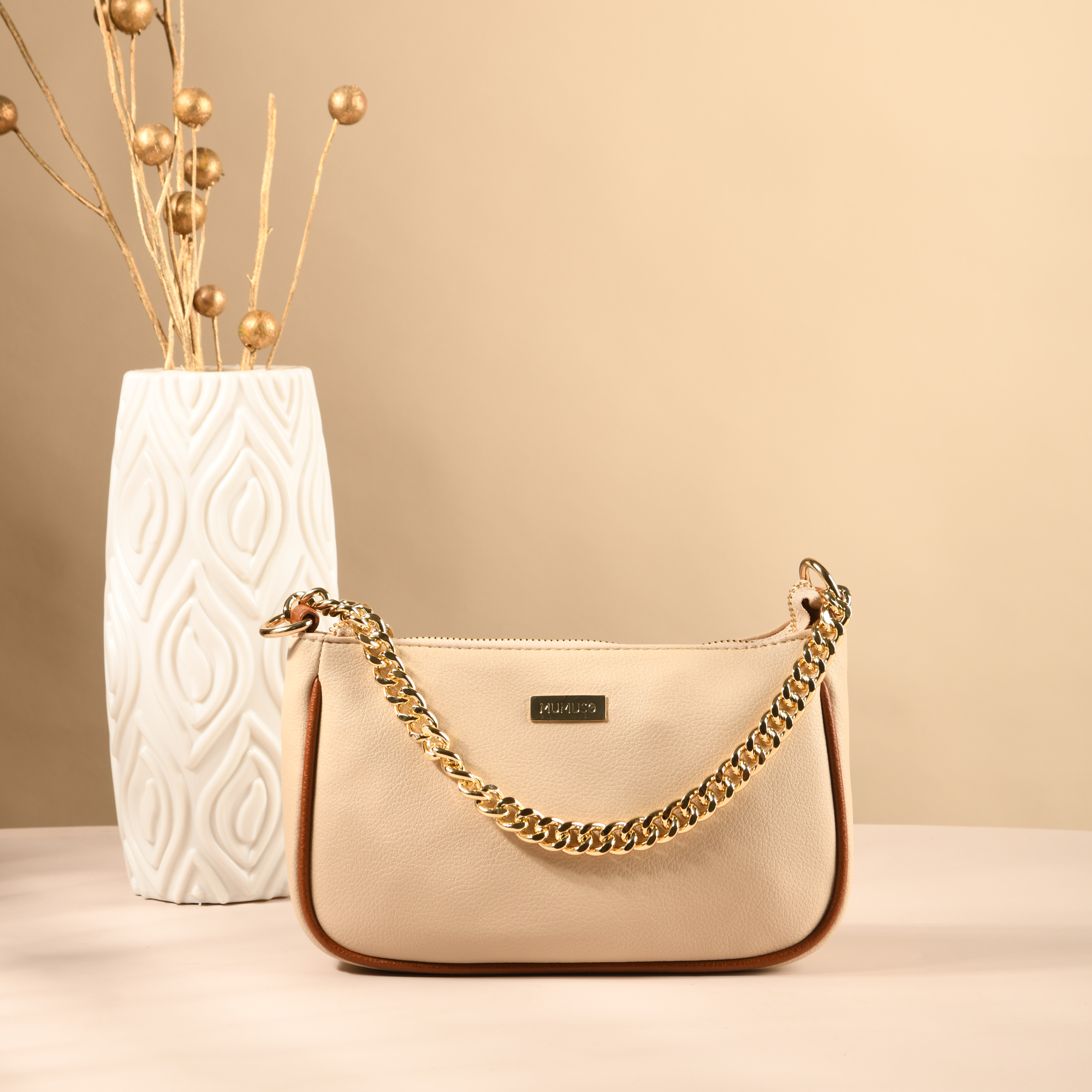 DUAL HANDLE CLASSIC BAG - CREAM &amp; TAN