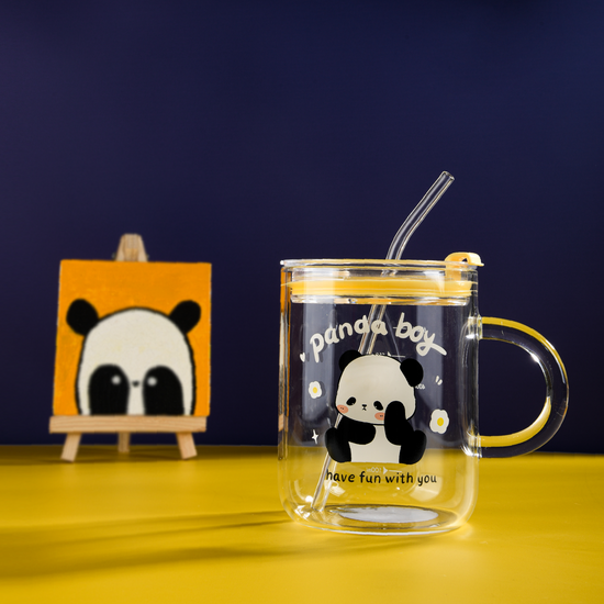 Cute Panda Dual-Use Glass Mug With Straw - 700 ML