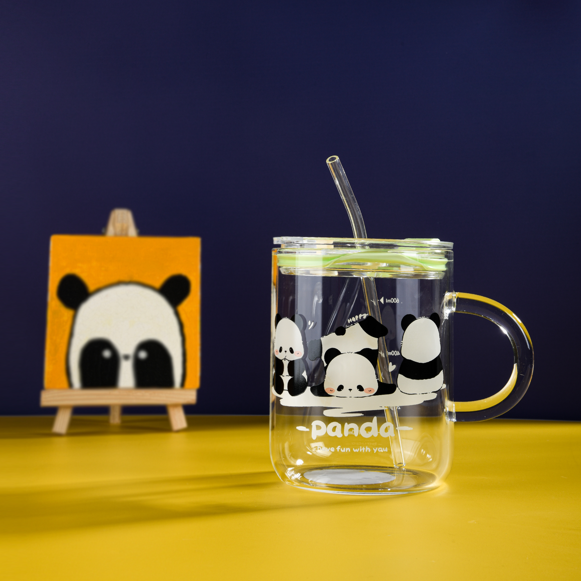 Cute Panda Dual-Use Glass Mug With Straw - 700 ML