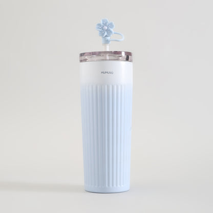 Ribbed Insulated Tumbler with Straw - Cherry Blossom Collection/Blue/500 ml
