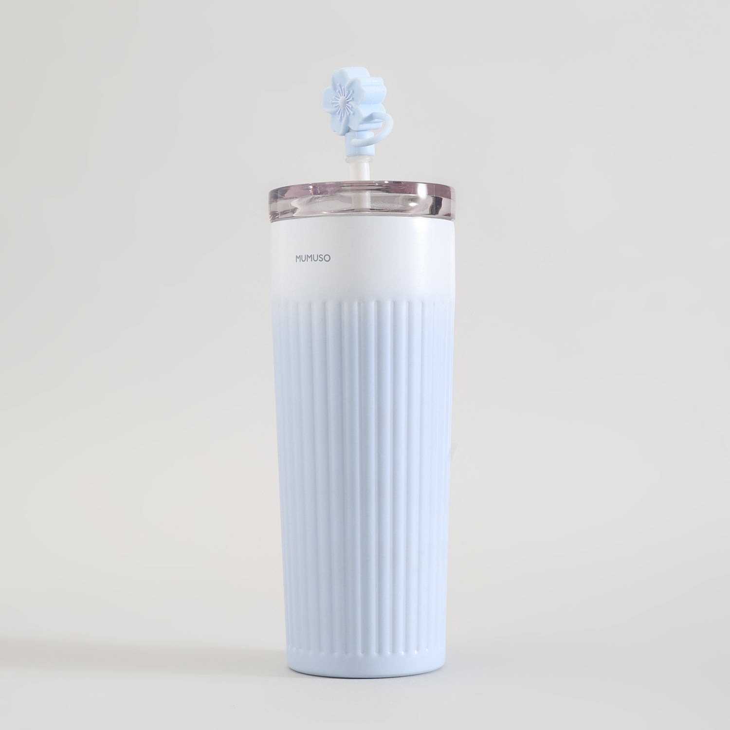 Ribbed Insulated Tumbler with Straw - Cherry Blossom Collection/Blue/500 ml