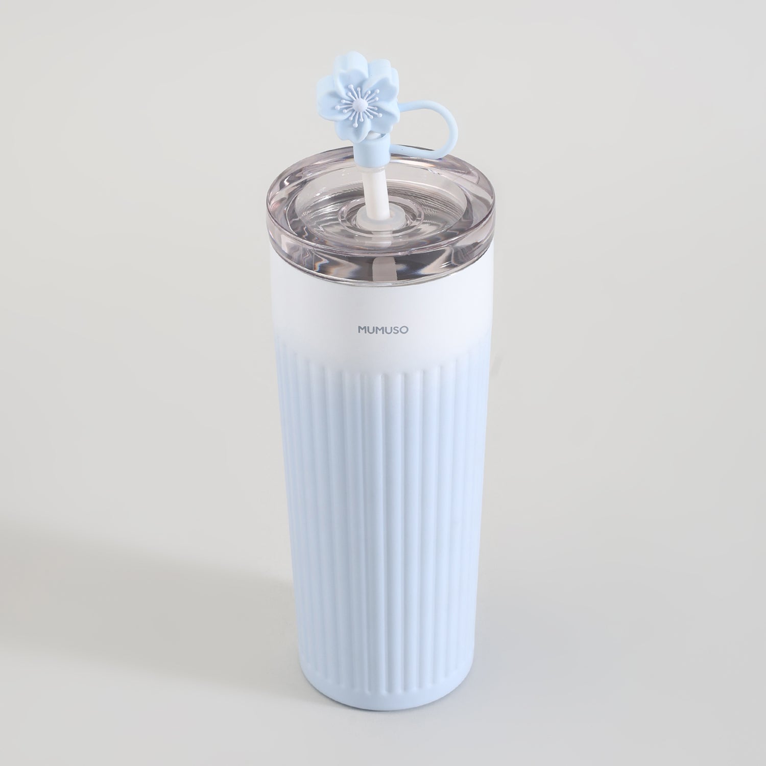 Ribbed Insulated Tumbler with Straw - Cherry Blossom Collection/Blue/500 ml