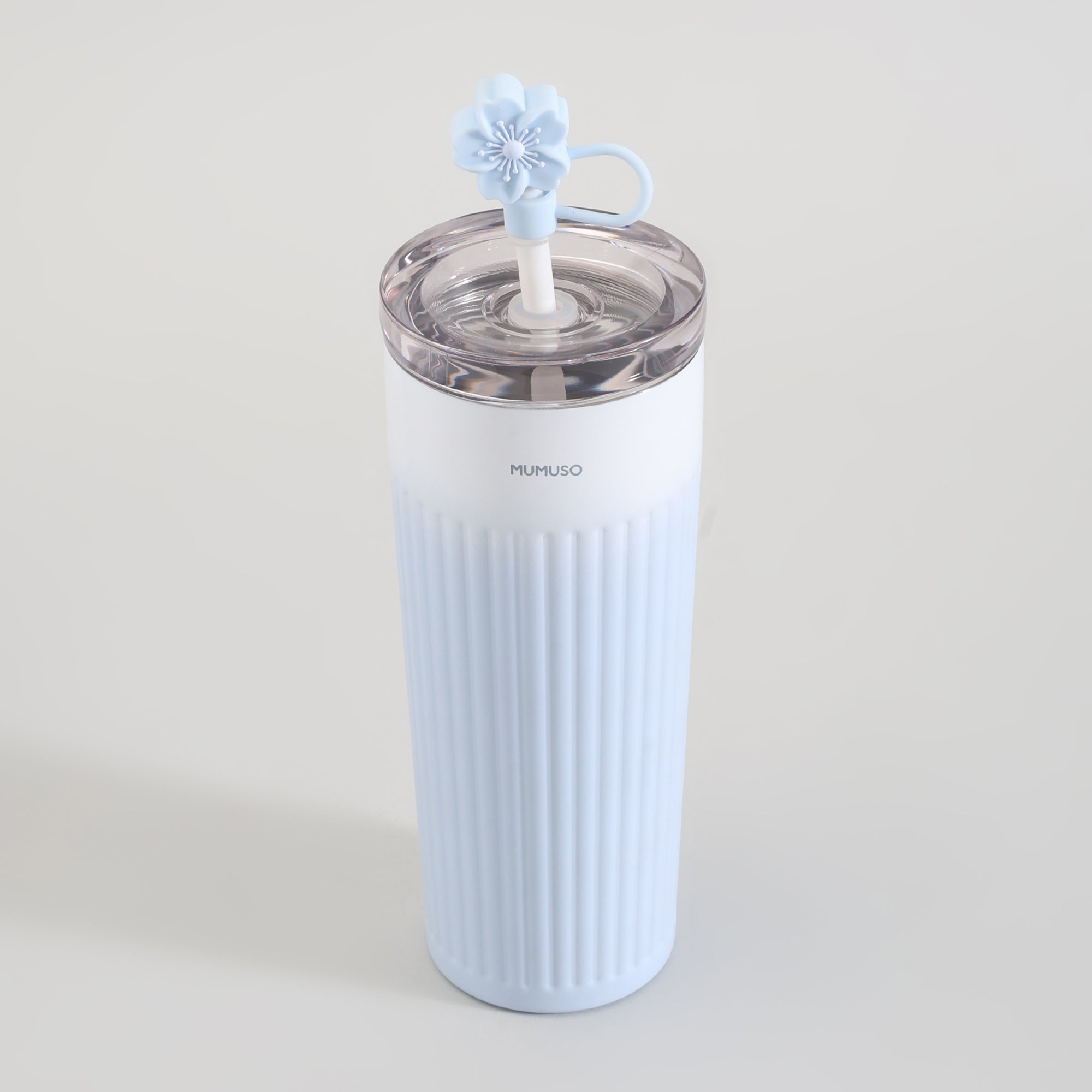 Ribbed Insulated Tumbler with Straw - Cherry Blossom Collection/Blue/500 ml