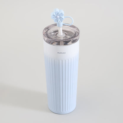 Ribbed Insulated Tumbler with Straw - Cherry Blossom Collection/Blue/500 ml