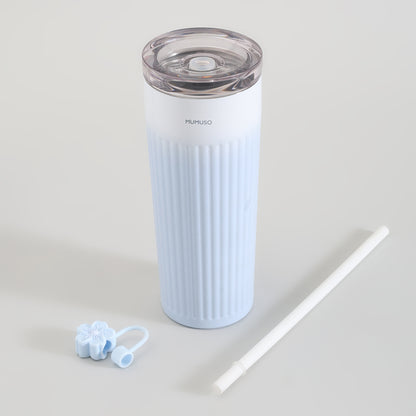 Ribbed Insulated Tumbler with Straw - Cherry Blossom Collection/Blue/500 ml