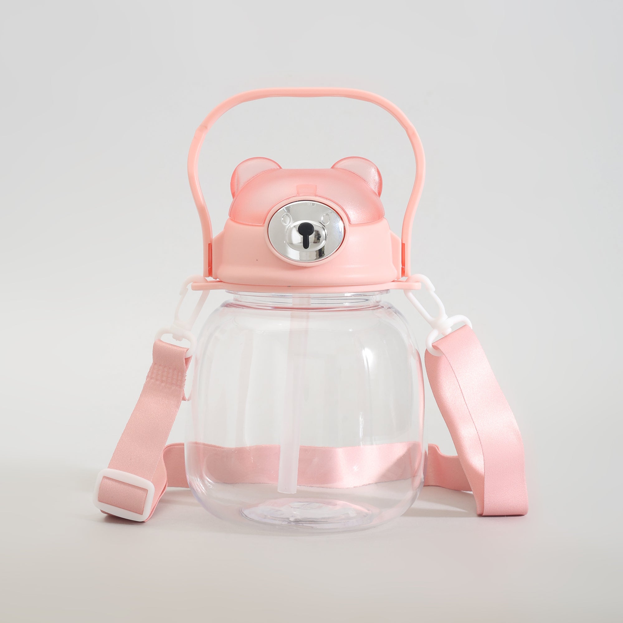 Cute Bear Water Bottle with Straw, Adjustable Shoulder Strap &amp; Stickers- Pink