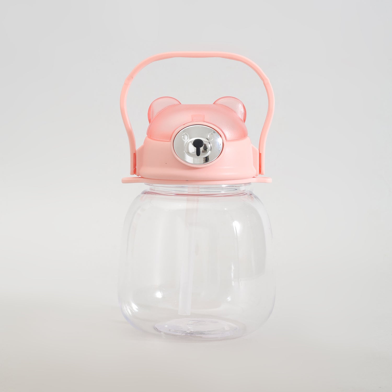 Cute Bear Water Bottle with Straw, Adjustable Shoulder Strap &amp; Stickers- Pink