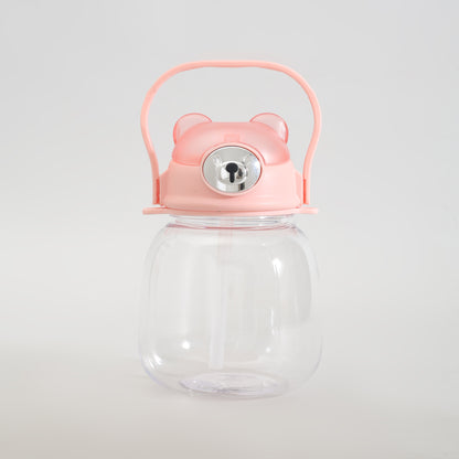 Cute Bear Water Bottle with Straw, Adjustable Shoulder Strap &amp; Stickers- Pink