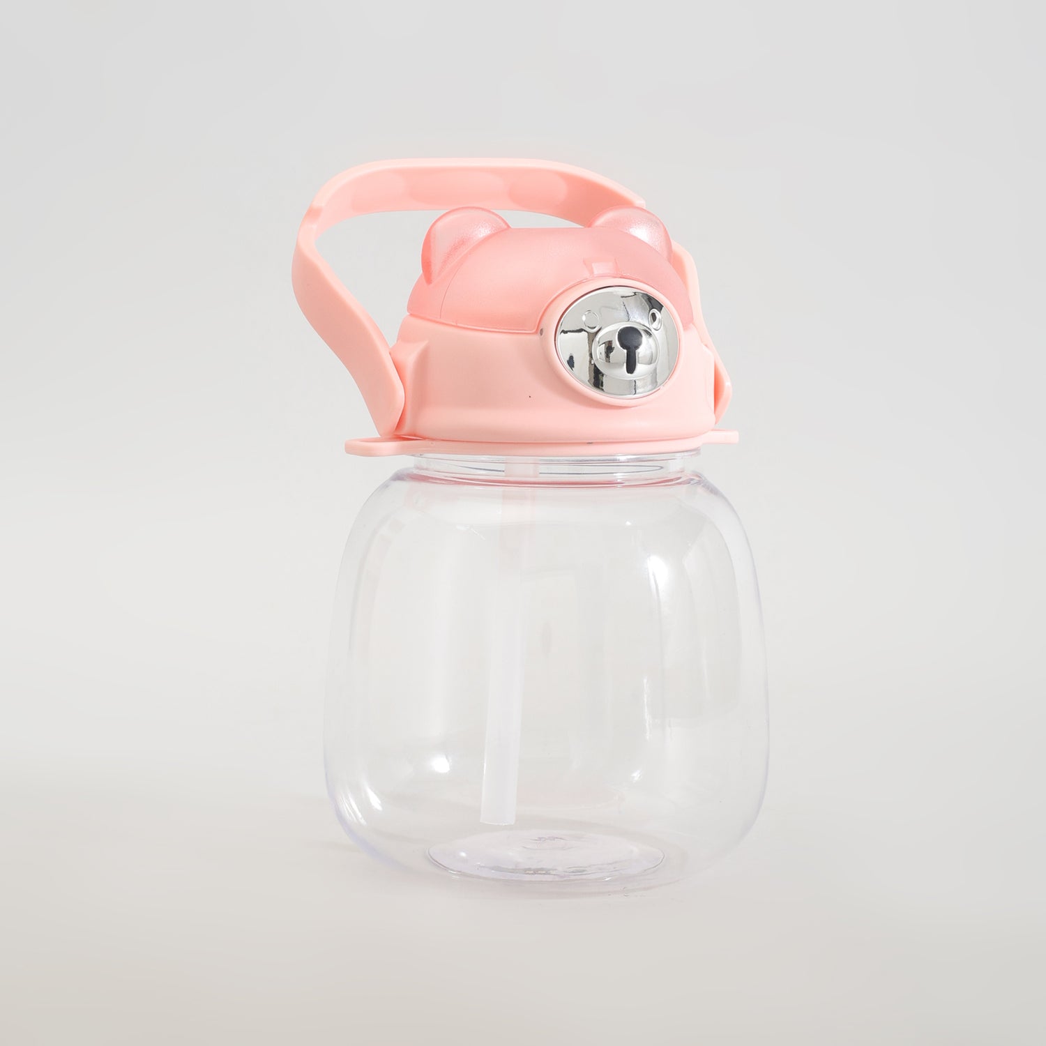 Cute Bear Water Bottle with Straw, Adjustable Shoulder Strap &amp; Stickers- Pink
