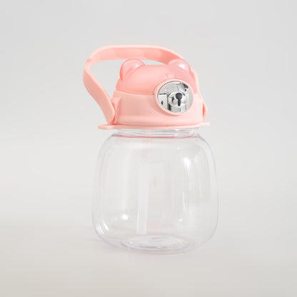 Cute Bear Water Bottle with Straw, Adjustable Shoulder Strap &amp; Stickers- Pink