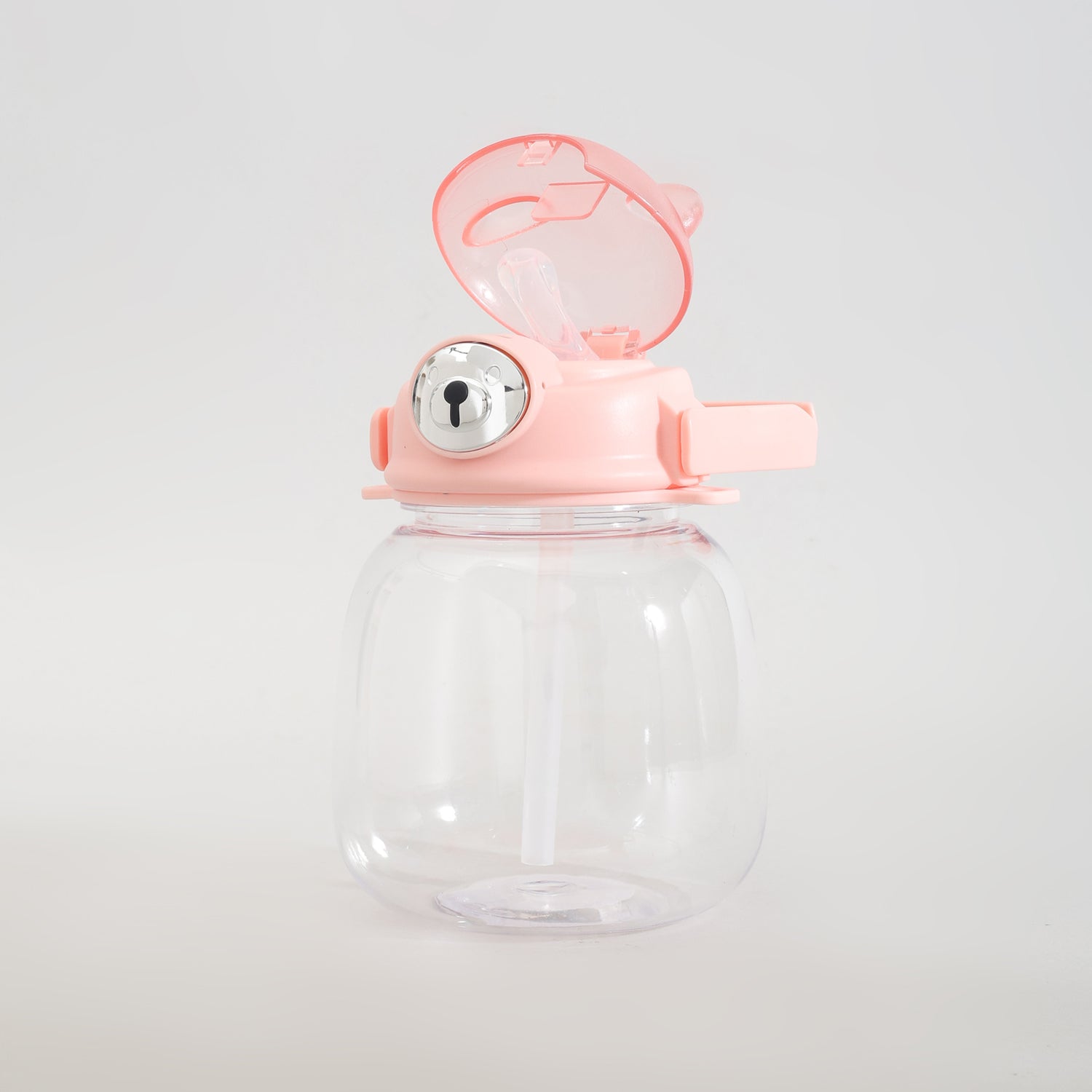Cute Bear Water Bottle with Straw, Adjustable Shoulder Strap &amp; Stickers- Pink