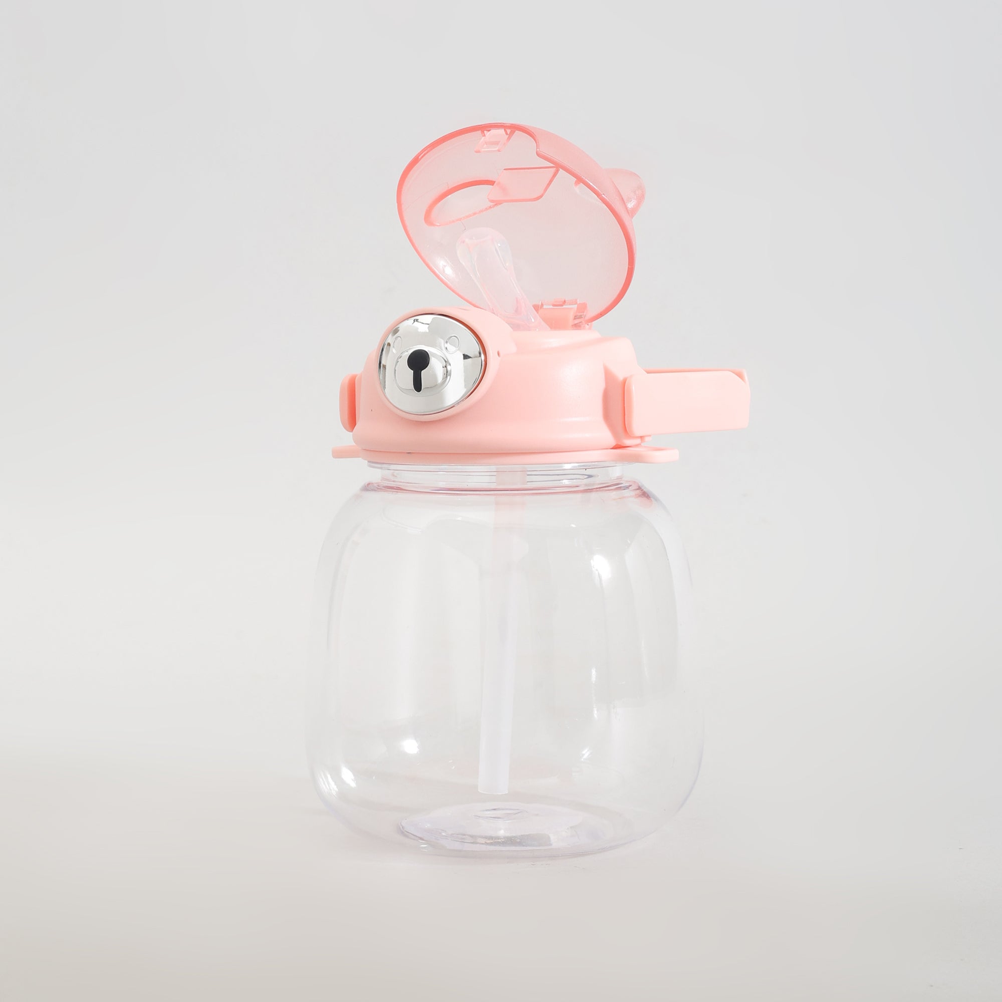 Cute Bear Water Bottle with Straw, Adjustable Shoulder Strap &amp; Stickers- Pink