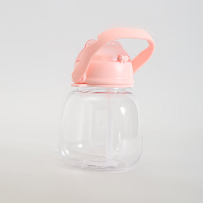 Cute Bear Water Bottle with Straw, Adjustable Shoulder Strap &amp; Stickers- Pink