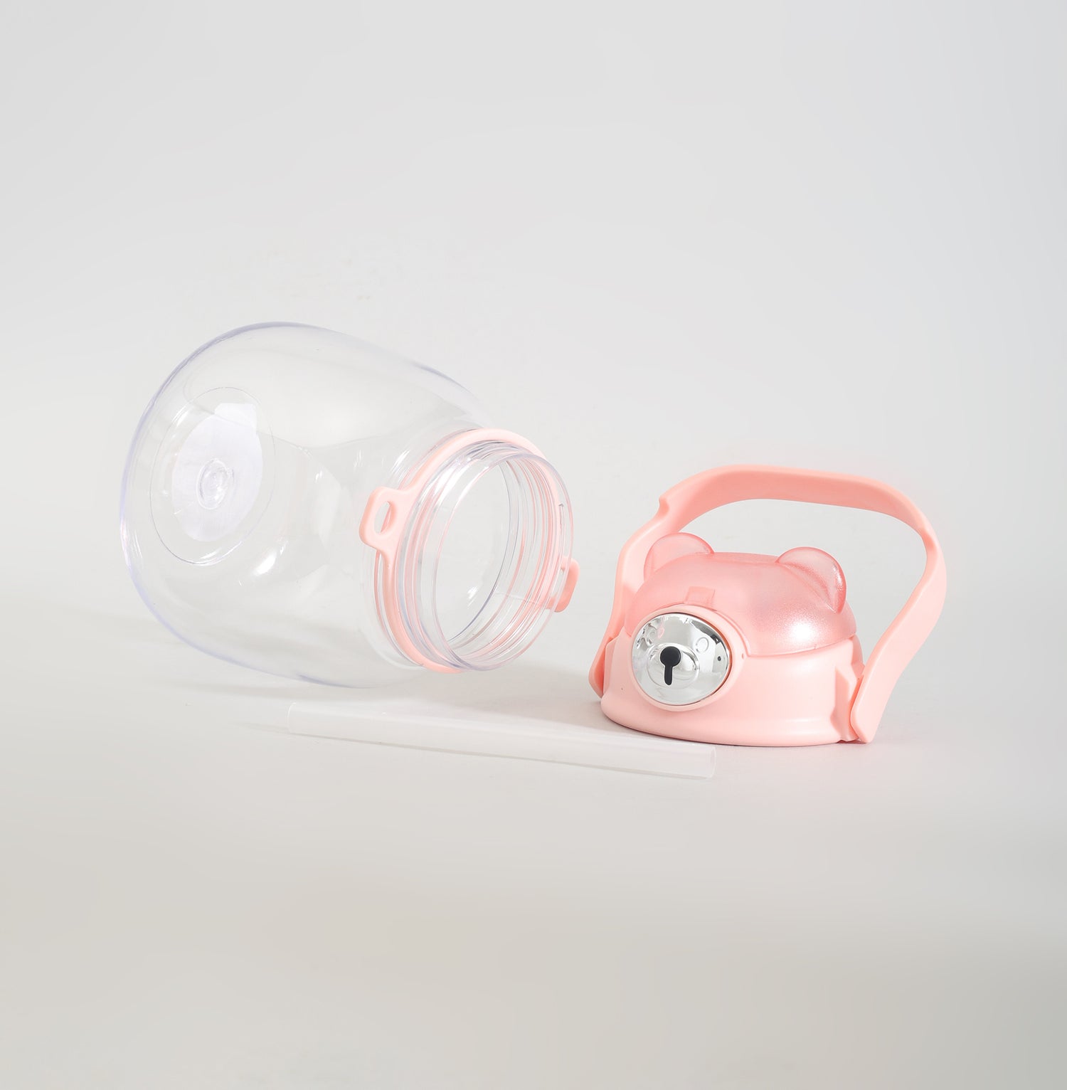 Cute Bear Water Bottle with Straw, Adjustable Shoulder Strap &amp; Stickers- Pink