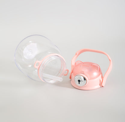 Cute Bear Water Bottle with Straw, Adjustable Shoulder Strap &amp; Stickers- Pink