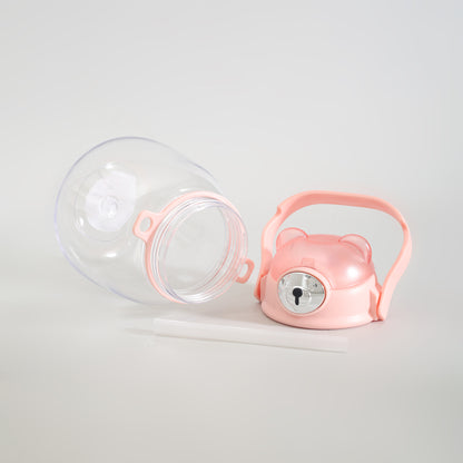 Cute Bear Water Bottle with Straw, Adjustable Shoulder Strap &amp; Stickers- Pink