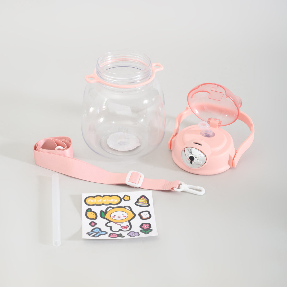 Cute Bear Water Bottle with Straw, Adjustable Shoulder Strap &amp; Stickers- Pink