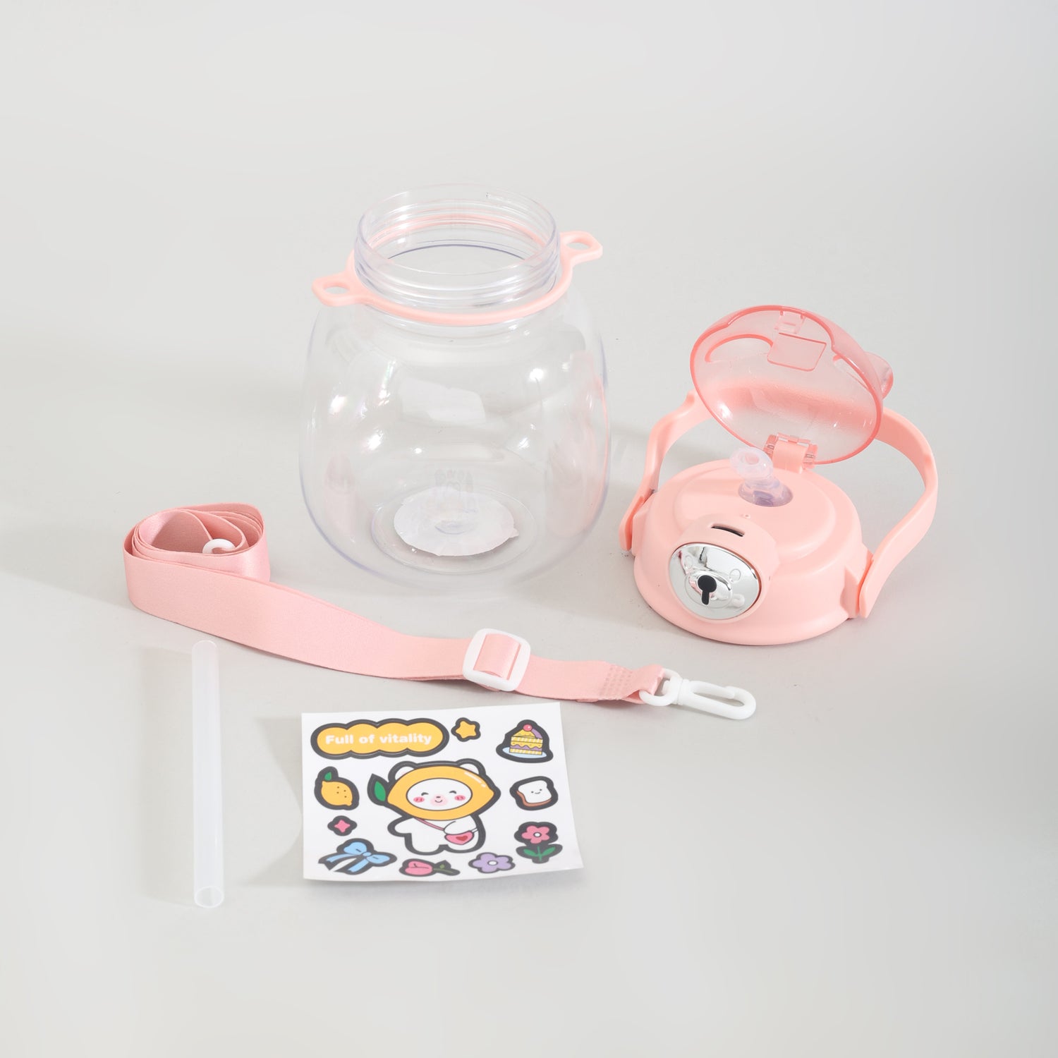 Cute Bear Water Bottle with Straw, Adjustable Shoulder Strap &amp; Stickers- Pink