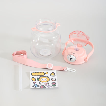 Cute Bear Water Bottle with Straw, Adjustable Shoulder Strap &amp; Stickers- Pink