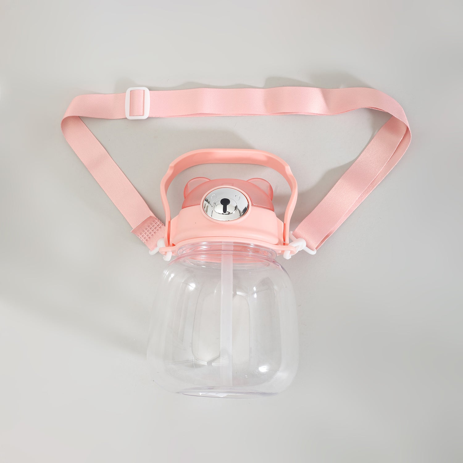 Cute Bear Water Bottle with Straw, Adjustable Shoulder Strap &amp; Stickers- Pink