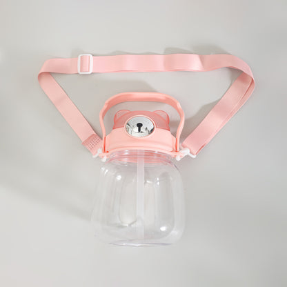 Cute Bear Water Bottle with Straw, Adjustable Shoulder Strap &amp; Stickers- Pink